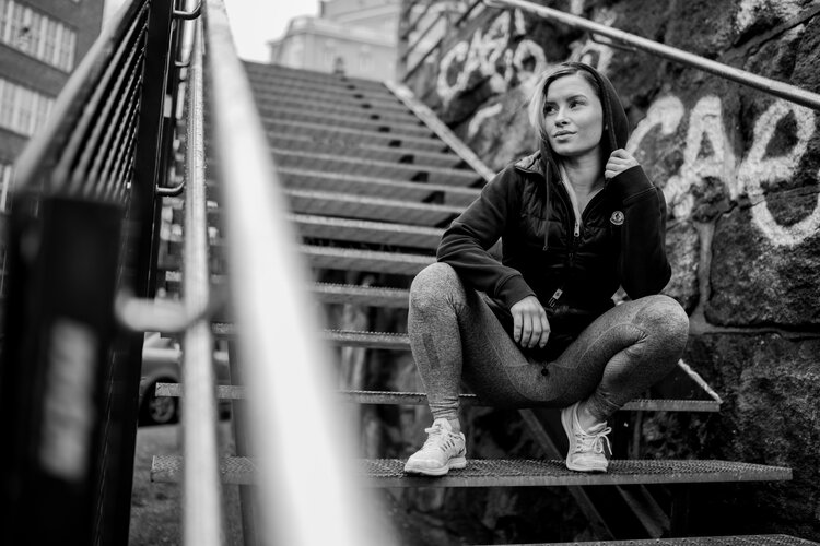 Black and white portrait of Piia in Helsinki