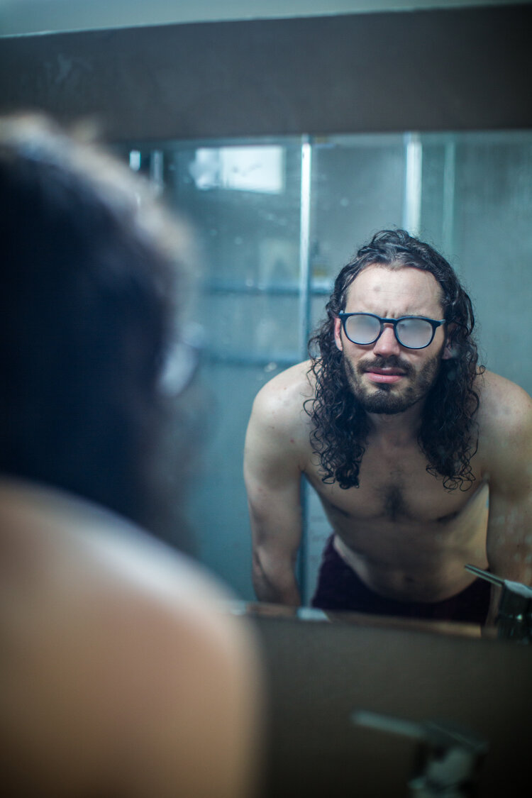 Silmäasema eyewear campaign — mirror portrait